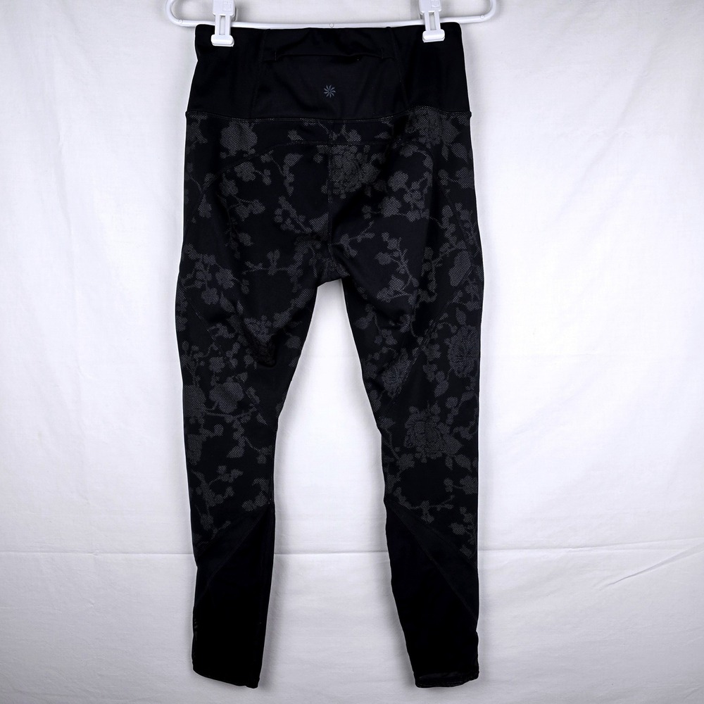 Athleta Womens Black Floral Mesh Panel High Rise Leggings Size M Zipper Pocket - Picture 6 of 12